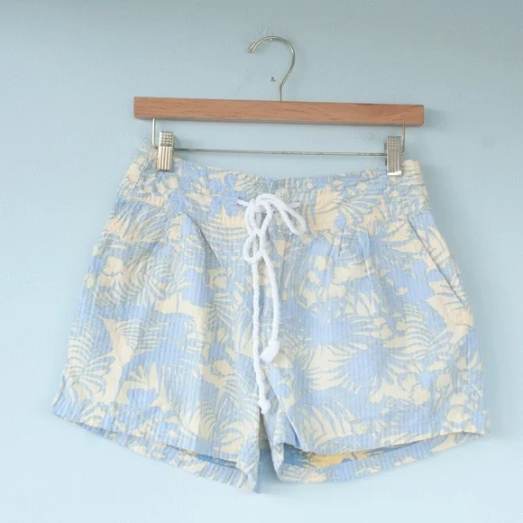 Free People Blue & Yellow Tropical Palm Leaf Island Seersucker Shorts - Picture 3 of 7